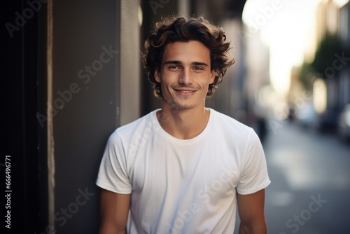 A young stylish man in a white T-shirt and. Street photo