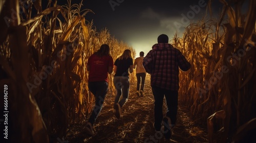 A group of teenagers run away through a cornfield towards the light at night.