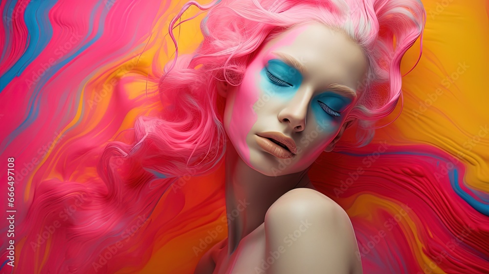 A woman with pink hair and blue closed eyelids shows her shoulder on an abstract rainbow background blending with her hair.