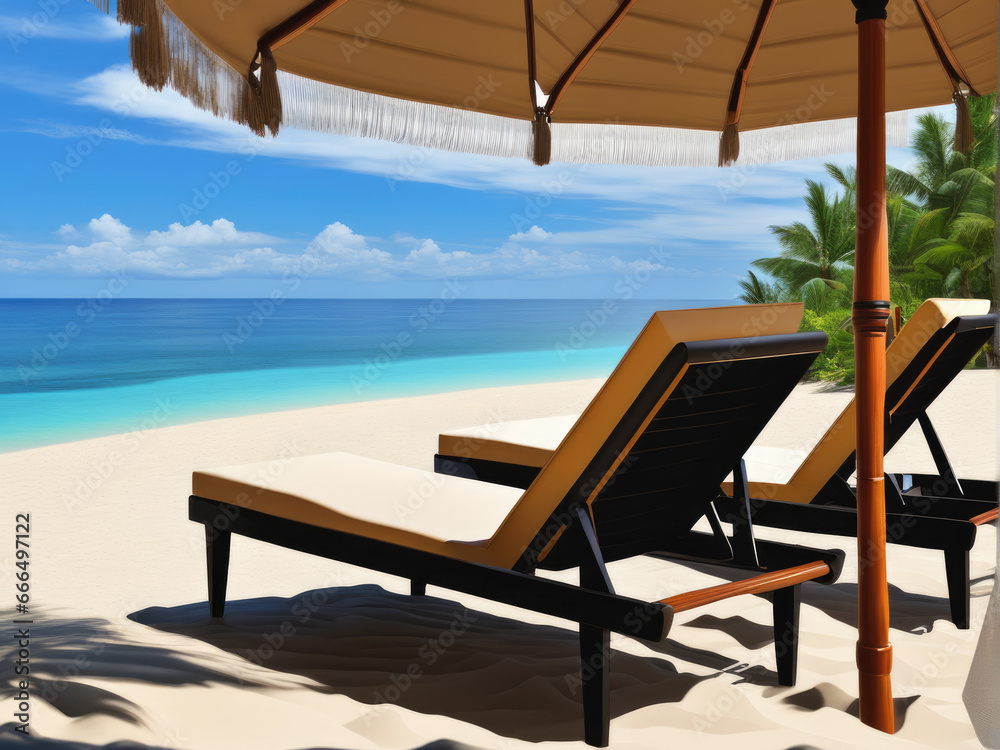 chaise lounge and umbrella on sand beach