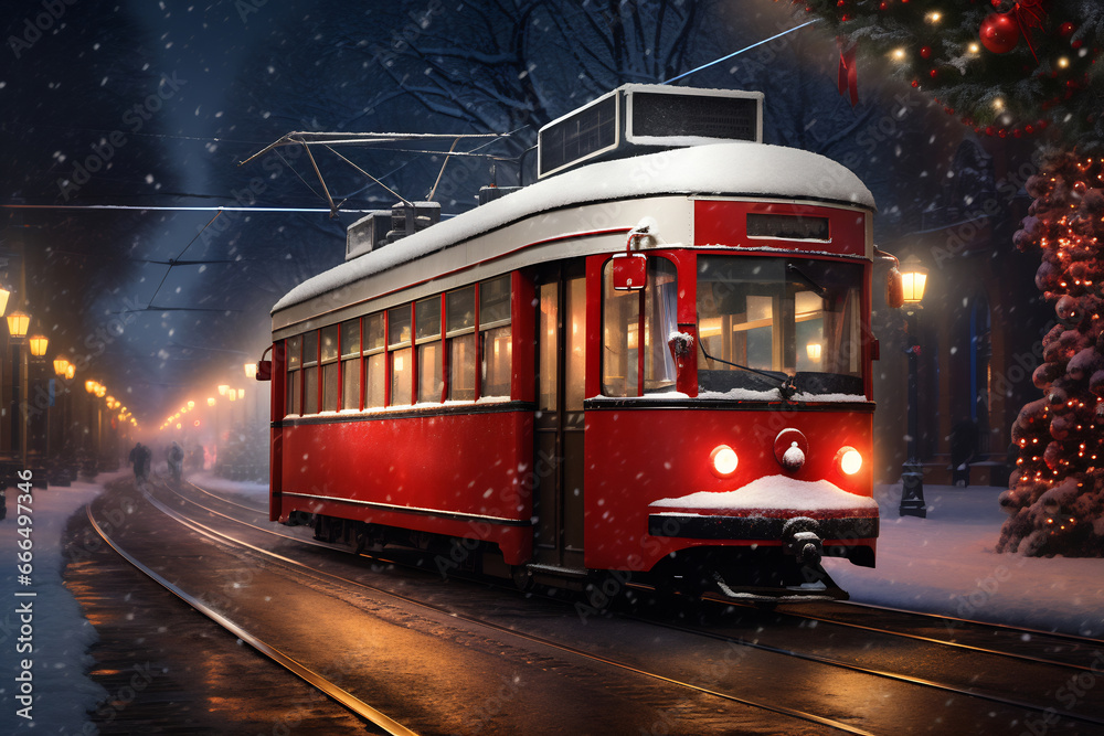 Winter city landscape with retro tram. Christmas and New Year greeting card