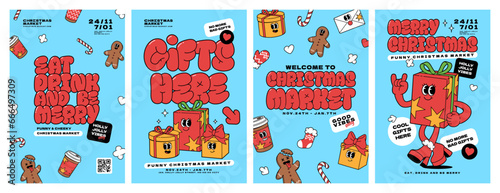 Merry Christmas market groovy funny cartoon posters. Santa Claus, Christmas tree, coffee and ball in trendy funky retro cartoon style. Greeting cards, template, posters, prints and backgrounds.