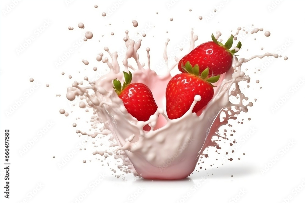 milk or yogurt splash with strawberries isolated on white background milk or yogurt splash with strawberries isolated on white background