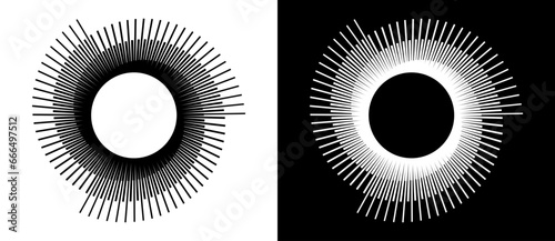 Lines in circle abstract background. Dynamic transition illusion. Black shape on a white background and the same white shape on the black side.