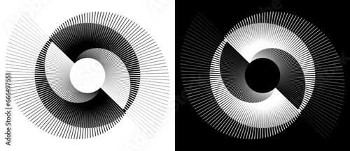 Lines in circle abstract background. Dynamic transition illusion. Black shape on a white background and the same white shape on the black side.