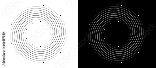 Abstract background with lines and dots in circle. Art design spiral as logo or icon. Black shape on a white background and white shape on the black side.