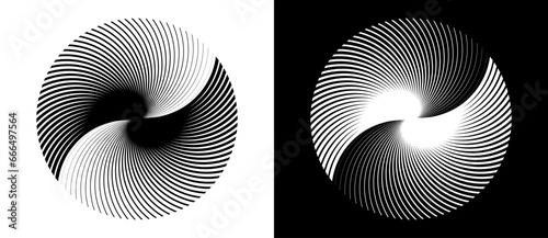 Lines in circle abstract background. Dynamic transition illusion. Black shape on a white background and the same white shape on the black side.