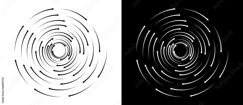 Abstract background with arrows in circle. Art design spiral as logo or icon. A black figure on a white background and an equally white figure on the black side. - obrazy, fototapety, plakaty 