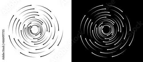 Abstract background with arrows in circle. Art design spiral as logo or icon. A black figure on a white background and an equally white figure on the black side.