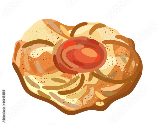 Danish. Open puff pastry buns with custard and berries. Vector illustration isolated on white background.