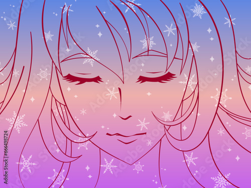 Backgrund created by many snowflakes in back layer and illustration of cute girl in front layer