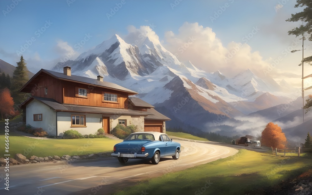 Beautiful landscape panorama of Norway, Car parked in front of the house, snow on the mountains. ai