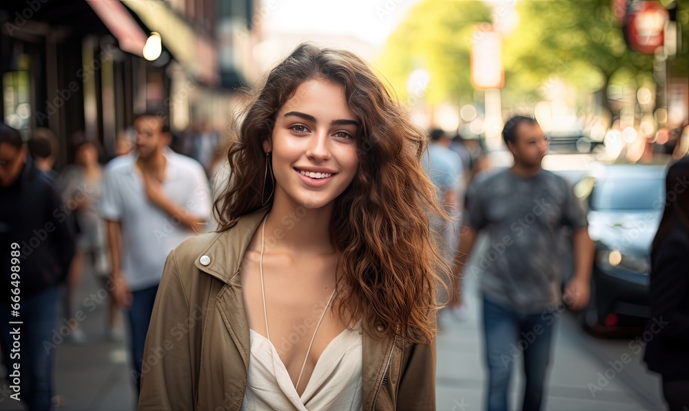 Photo of a woman standing in the middle of a bustling city street Photo of a woman standing in the middle of a bustling city street