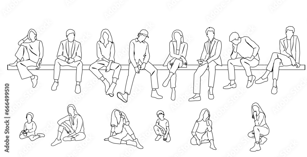 Vector silhouettes of a man, woman and children sitting on a bench, linear sketch, a group of business people, black color on a white background Vector silhouettes of a man, woman and children sitting on a bench, linear sketch, a group of business people, black color on a white background