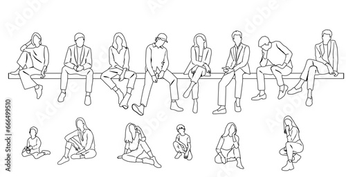 Vector silhouettes of a man  woman and children sitting on a bench  linear sketch  a group of business people  black color on a white background
