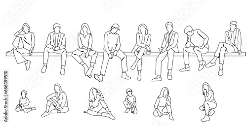 Vector silhouettes of a man, woman and children sitting on a bench, linear sketch, a group of business people, black color on a white background