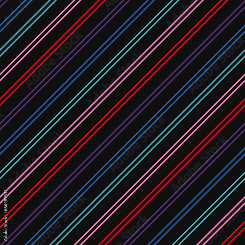 Diagonal stripes seamless pattern in neon colors. Retro 80-90â€™s fashion style background. Vector colorful lines on black backdrop. Abstract geometric decorative design template. Repeat geo texture