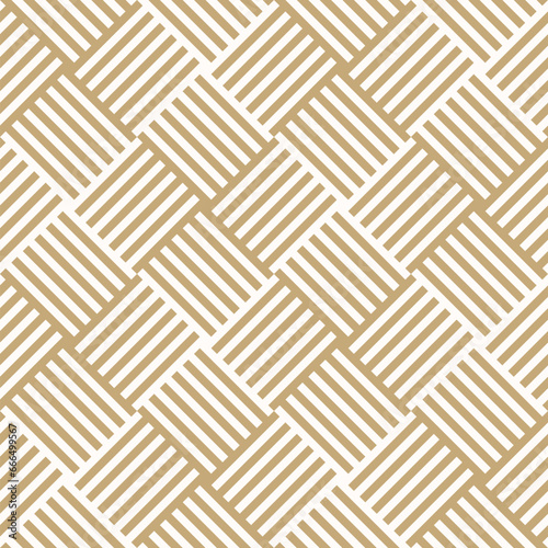 Wicker surface texture. Vector geometric seamless pattern. Golden vector ornament with stripes, squares, quirky lines. Abstract gold and white graphic background. Stylish luxury repeating geo design