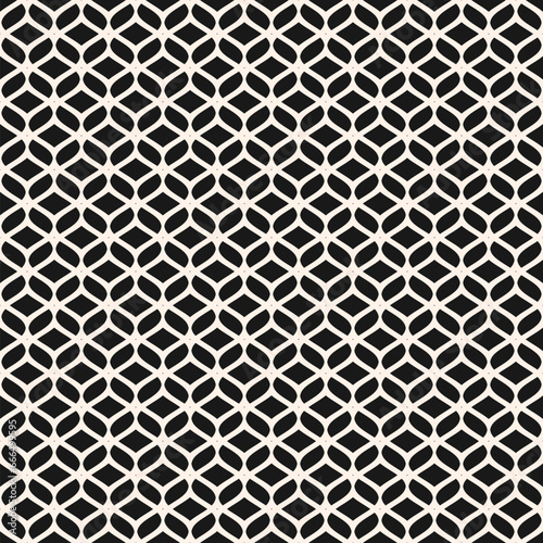 Vector mesh seamless pattern. Abstract background with curved lines, wavy shapes. Monochrome texture of mesh, lace, weaving, net, lattice. Black and white ornament. Simple modern repeated geo design