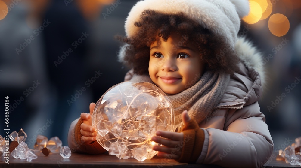 Festive winter portrait of a smiling girl in a white hat and grey jacket with a transparent ball. Merry Christmas and Happy New Year. Wallpaper, illustration, background. Festive winter portrait of a smiling girl in a white hat and grey jacket with a transparent ball. Merry Christmas and Happy New Year. Wallpaper, illustration, background.