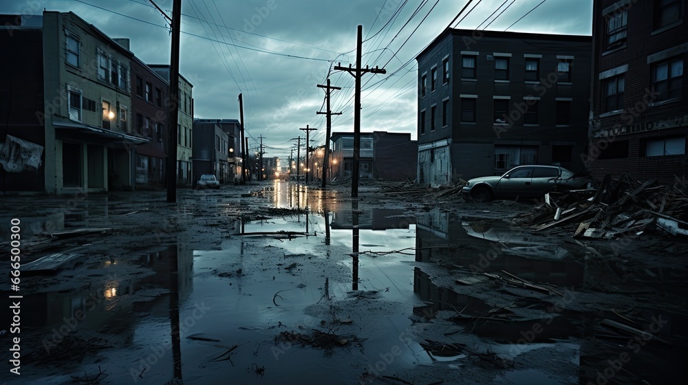 Desolate Urban Deluge: Capture a wide-angle shot of a city street submerged under water, with abandoned vehicles and closed shop fronts, highlighting the severity of urban flooding Desolate Urban Deluge: Capture a wide-angle shot of a city street submerged under water, with abandoned vehicles and closed shop fronts, highlighting the severity of urban flooding