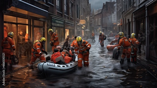 Evacuation Urgency: A street scene with emergency services evacuating residents in boats, focusing on human resilience and urgency photo