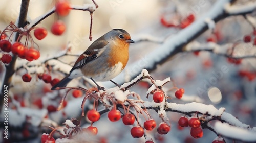 Beautiful bird eats red berries in winter © Areesha