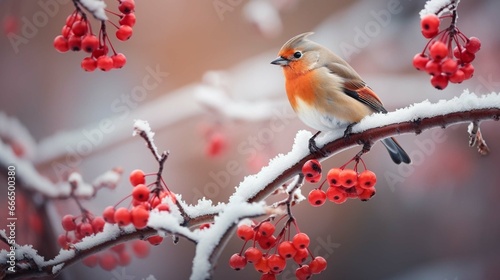 Beautiful bird eats red berries in winter