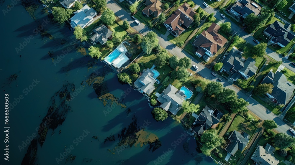 Submerged Suburbia: A drone shot overlooking a residential area completely submerged, with only rooftops and trees visible, indicating the extent of the flood, color palette with shades of blue