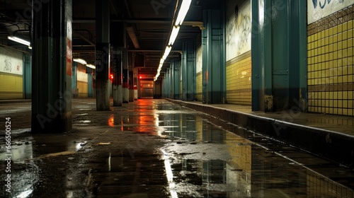 Subway Sink: Capture a flooded subway station, empty and eerily quiet, focusing on urban infrastructure failure. The color palette should play on the unnatural scene with artificial subway lights