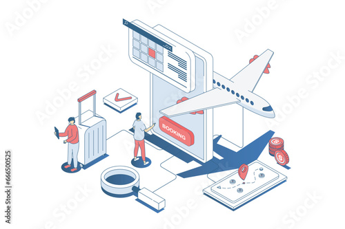Booking flight concept in 3d isometric design. Travellers planning trips, choosing tour destination, ordering and buying plane tickets. Vector illustration with isometry people scene for web graphic