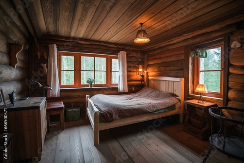Cozy wooden bedroom inside chalet with forest view in wintry setting. Generative AI © Steven