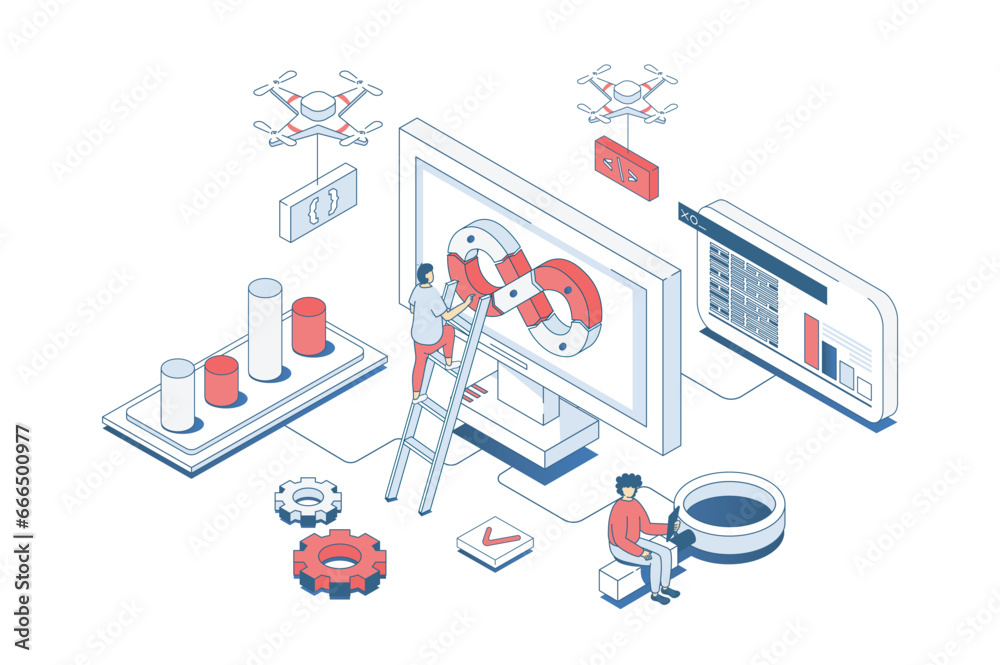 DevOps concept in 3d isometric design. Developer team working in agile processes and programming automations for creating products. Vector illustration with isometry people scene for web graphic DevOps concept in 3d isometric design. Developer team working in agile processes and programming automations for creating products. Vector illustration with isometry people scene for web graphic