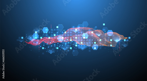 The abstract wave is made in a frame style in a bright gradient color. Template for science and technology presentation.