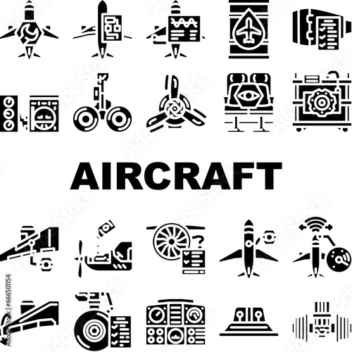 aircraft mechanic aviation icons set vector. maintenance plane, jet engine, airplane airport, technician industry, repair aircraft mechanic aviation glyph pictogram Illustrations