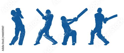 Set of batsman silhouette  playing cricket on the field. Black and white.