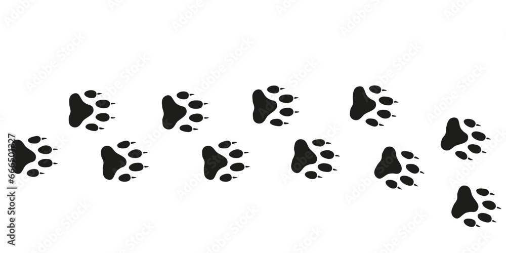 Wolf paws. Animal foot traces. Wolf black footprints on white background. Flat vector illustration. Design for print, decoration, childrens educational book