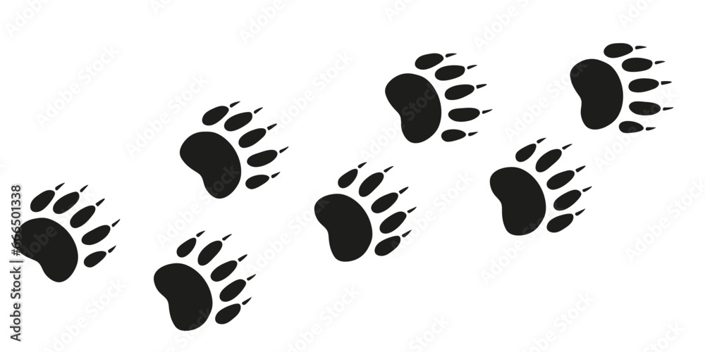 Fototapeta premium Bear paws. Animal foot traces. Bear black footprints on white background. Flat vector illustration. Design for print, decoration, childrens educational book