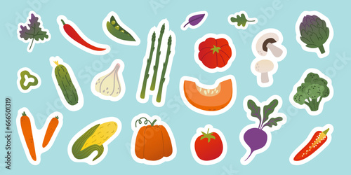 Set isolated different colorful gradient vegetables stickers in flat vector style on blue background.