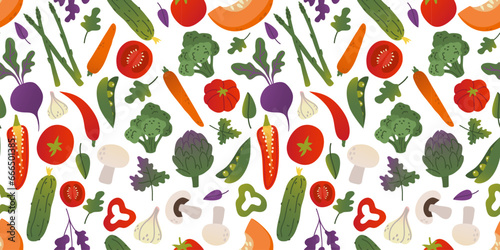 Seamless pattern different colorful gradient vegetables and greens in flat vector style on white background. For print, textile, background, wrapper.