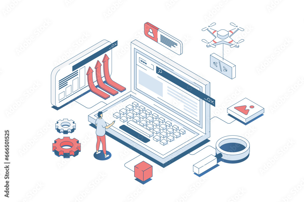 Programming concept in 3d isometric design. Developer coding and working with software development, creating and releasing new products. Vector illustration with isometry people scene for web graphic - obrazy, fototapety, plakaty 