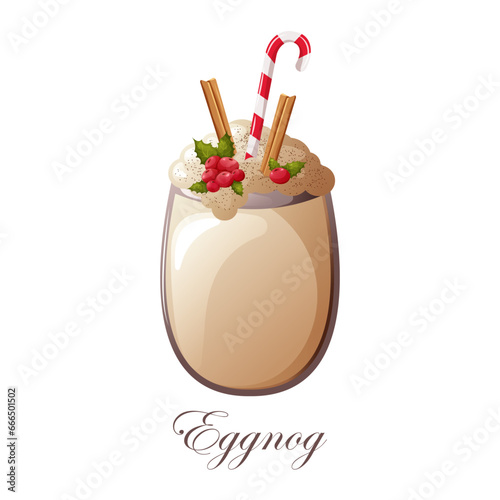 Glass of eggnog drink with berries, cinnamon and lollipops composition
