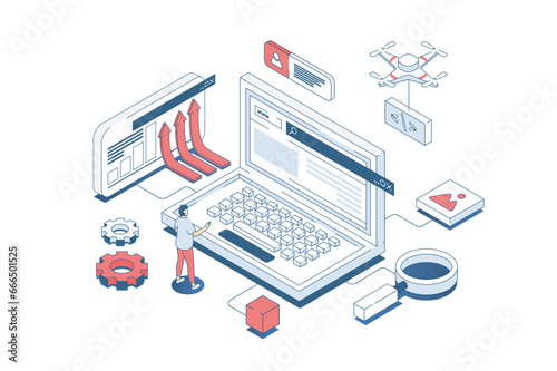 Programming concept in 3d isometric design. Developer coding and working with software development, creating and releasing new products. Vector illustration with isometry people scene for web graphic