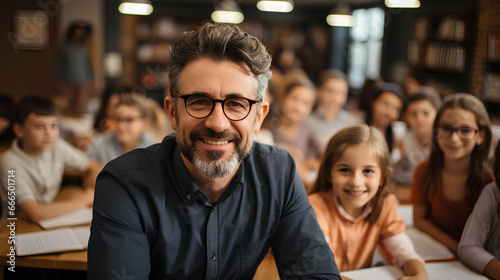 Portrait of smiling teacher in eyeglasses looking at camera while sitting at desk in classroom