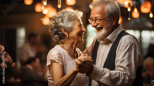 Cheerful senior couple dancing together in cafe. They are looking at each other and smiling.