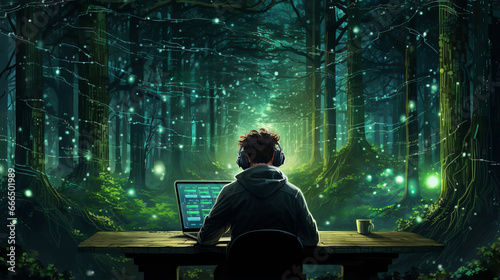 Mysterious environmental hacktivist sitts at computer at desk amidst forest surrounded illumination of bright lights, enigmatic atmosphere blending world of technology with nature beauty
