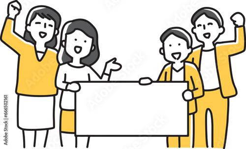 ボードを持って案内する4人の男女