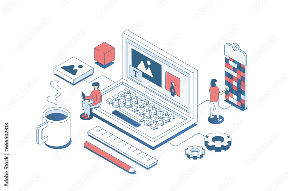 Web design concept in 3d isometric design. Designer team creating digital content and site elements, making and settings homepages. Vector illustration with isometry people scene for web graphic - obrazy, fototapety, plakaty 