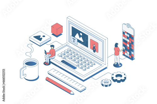 Web design concept in 3d isometric design. Designer team creating digital content and site elements, making and settings homepages. Vector illustration with isometry people scene for web graphic