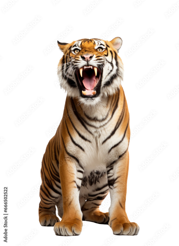 Fototapeta premium Roaring tiger isolated on transparent white background